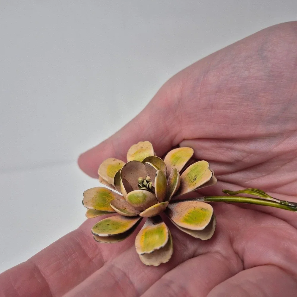 Vtg Enamel Flower Brooch‎ Pink Green Daisy 3.5